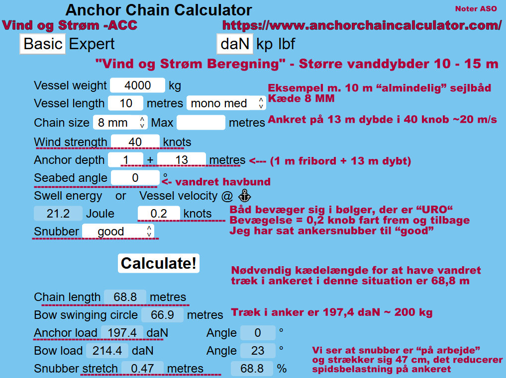 Screendump "Vind og Strøm -ACC"
Beregning i ACC af kædelængde på dybere vand, for båd 10 m, 40 knob MED lidt bølger