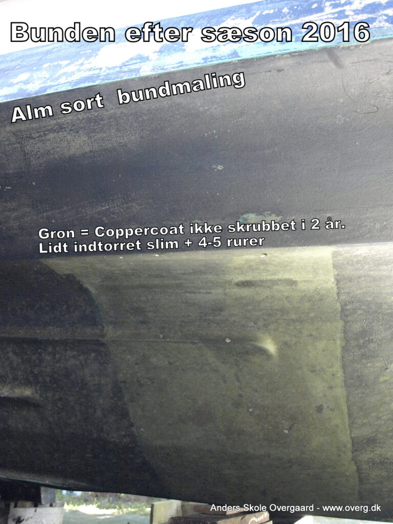Prøve-feltet med Coppercoat efter sejlsæsonen 2016 - ikke skrubbet ren. Kun indtørret slim og enkelte rur.