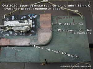 Prøvepladen med forsøg Kobber-Epoxy spartel i forskellige blandinger efterår 2020