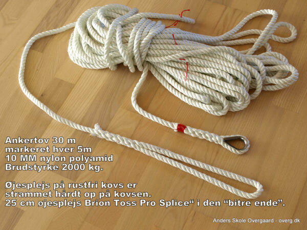 26 m ankertov 12MM 3-slået nylon / polyamid Brudstyrke 3.000 kg Meget elastisk Rustfri kovs 25 cm øjesplejs i den “bitre ende”