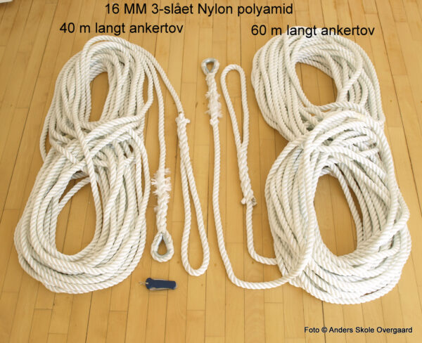26 m ankertov 12MM 3-slået nylon / polyamid Brudstyrke 3.000 kg Meget elastisk Rustfri kovs 25 cm øjesplejs i den “bitre ende”