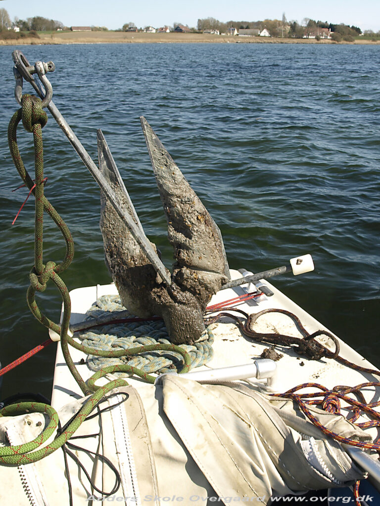 Ankeret har skåret sig dybt ned og trukket triplinen med ned i mudderet